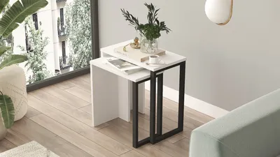 Image de Skye Decor, On7-W, table d'appoint (2 pièces), 100 % PANNEAUX DE SPANCE REVÊTUS DE MÉLAMINE, blanc, 51 x 29,5 x 52,8 cm
