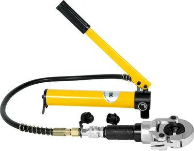 Immagine prodotto di Pinza idraulica - Pinza per tubi da 6 t - 9 ganasce di pressatura - Profilo a V - 12–28 mm/TH16–32 - per tubi in PEX/rame/alluminio - Giallo