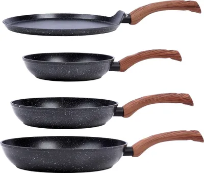 Four frying pans of different sizes are stacked vertically against a white background.