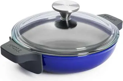 Produktbild von Woll "IRON" Servierpfanne rund mit Glasdeckel und Silikongriff, 20 cm, 5.5 cm hoch, Cobalt Blue - Induktionsgeeignet