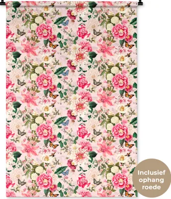 Produktbild von MuchoWow® Wandteppich Wandbehang Blumen - Rosa - Muster 90x135 cm Tapisserie Dekoration Wandtuch - Baumwolle - Wandskulptur