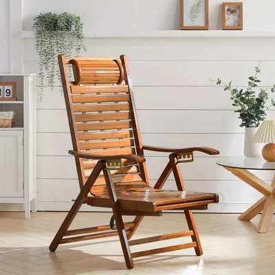 Produktbild von Livingandhome Bambus Liegestuhl mit Fußstütze – Perfekt zum Entspannen & Lesen