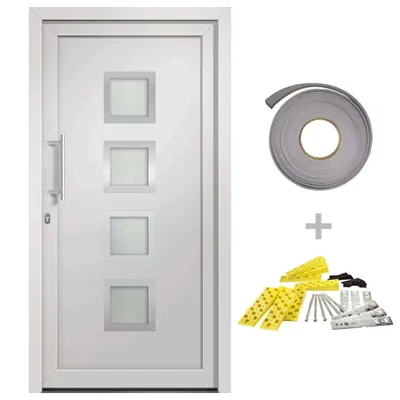Produktbild von Weiße PVC Haustür 88x200 cm, 70 mm stark, mit 5-Punkt-Verriegelung und Wärmeschutzverglasung