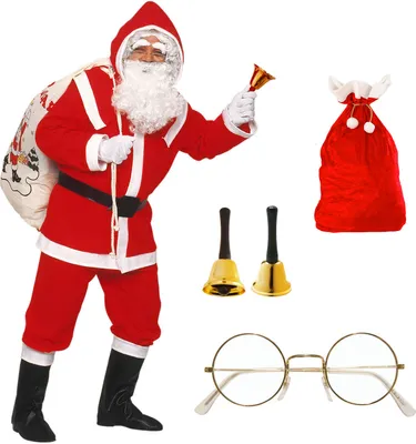 Produktbild von WEIHNACHTSMANN KOSTÜM SET Weihnachten Bart Perücke Anzug Sack Brille Glocke