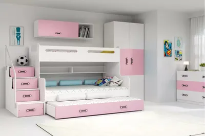 Produktbild von Kinderhochbett mit Zustellbett und Matratzen 80x200 IDA 3 – Weiß / Rosa