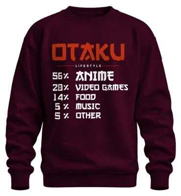Imagen del producto de ESTILO DE VIDA OTAKU56% ANIME20% VIDEOJUEGOSManga, videojuegos, Japón.Sudadera con cuello redondo, color burdeos, talla L