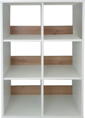 A white shelving unit with wood-effect accents, divided into six compartments.