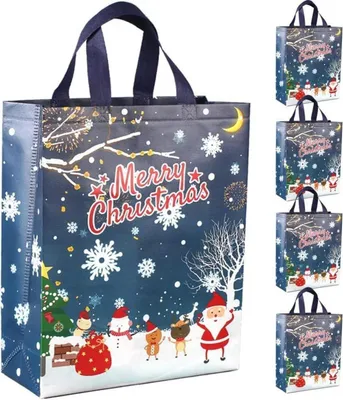 Zdjęcie produktu dla Torebki świąteczne niebieski Mikołaj Śnieżynka zestaw 5 30x12x40cm