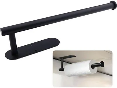 Immagine prodotto di Portarotolo da cucina autoadesivo in acciaio inossidabile (304), finitura nera opaca – senza fori, versatile per cucina e bagno (adatto anche per asciugamani e carta igienica)