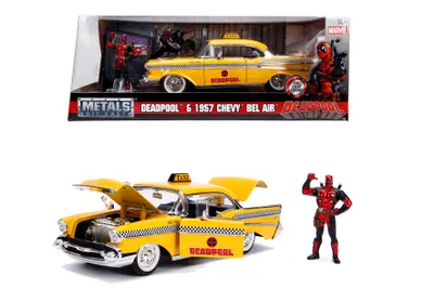 Obrázok produktu pre Jada Toys, Marvel Deadpool, Taxi 1:24, Metall Modellauto mit Metallfigur, 1957 Chevy Bel AIr.