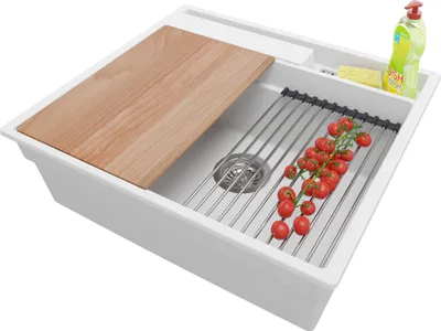 Produktbild von PRIMAGRAN Spülbecken Weiß 58x53cm, Granitspüle 1 Becken + Ablauf-Set + Küchenzubehörset, Küchenspüle ab 60er Unterschrank - Oslo Pocket
