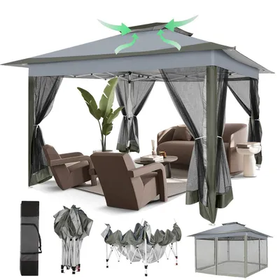 Produktbild von Gartenpavillon 3x3m Wasserdicht Stabil Pop Up mit Moskitonetz Doppeldach Dunkelgrau