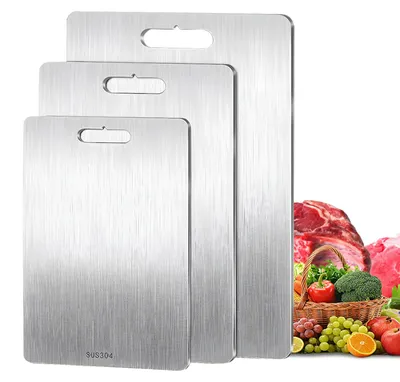 Image de Lot de planches à découper en titane, 3 pièces, planche à découper en acier inoxydable, planches à découper double face en titane, lot de planches de cuisine pour la viande, les légumes et les fruits (S+M+L)