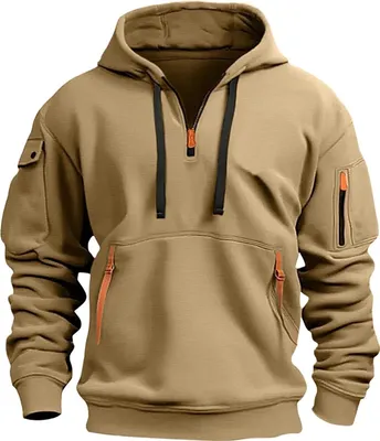 Immagine prodotto di Felpe con cappuccio da uomo con zip a quarto di dollaro pullover tattico felpa vintage a manica lunga moda casual con tasche, uomo, cachi, L
