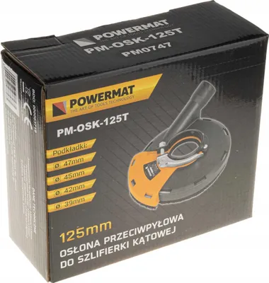 The image shows the retail packaging of a Powermat dust protection cover for an angle grinder.