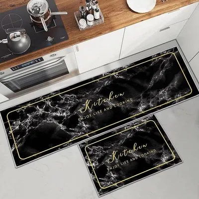 Productafbeelding van Famanu Keukenmatset, 2 stuks - Zwart marmerlook, 43 x 150 cm + 43 x 75 cm