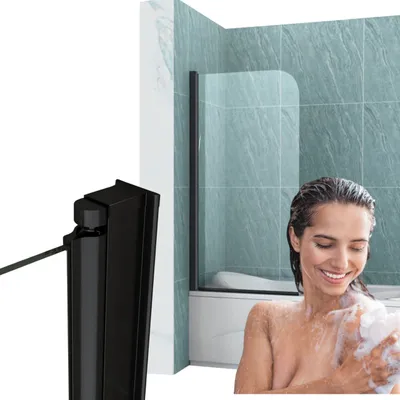 A woman is showering in a bathtub with a shower screen.