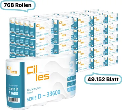 Zdjęcie produktu dla Rolki kuchenne luzem, 3-warstwowe, 768 rolek, 49 152 arkuszy, 64 arkusze/rolkę, 100% celulozy, CIL-les Tissue, seria D