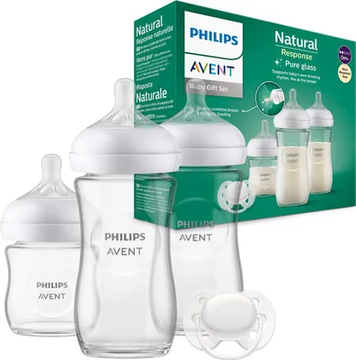 Produktbild von Philips AVENT Babyflaschen aus Glas, Geschenkset für Neugeborene  3 Babyflaschen Natural Response, ultra soft Schnuller, für Babys von 06 Monaten und älter (Modell SCD878/11) Starter Set Single