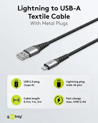 Produktbild von Goobay Lightning USB-A Textilkabel mit Metallsteckern, 2 m, schwarz, grau