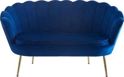 A blue velvet sofa with gold legs against a white background.