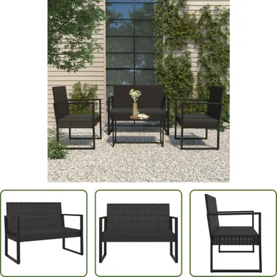 A garden furniture set including a bench and chairs on a gravel patio next to a building.