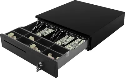 Produktbild von Kassenschublade - POS Geldschublade - RJ11-Schnittstelle - 5 Scheinfächer - 8 Münzfächer - Stahlgehäuse - Tischmodell - Schwarz