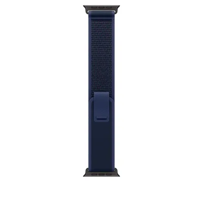 A dark blue watch strap with black connectors is shown against a white background.
