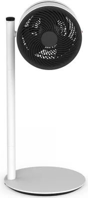 A white floor fan with a black fan grill, on a white circular base.