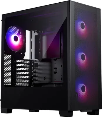 A black computer case with RGB lighting on the fans.