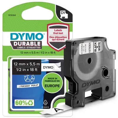 Image de Dymo D1 Ruban vinyle High Perf. 12 mm x 5,5 m noir sur blanc