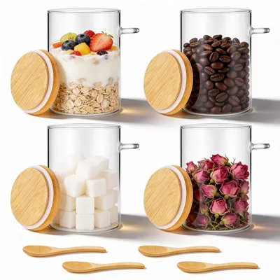 4er-Set Vorratsgläser 500 ml mit Deckel & Löffel, luftdicht, Borosilikatglas