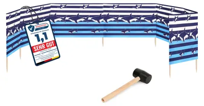 Produktbild von Garronda Strand Windschutz Sichtschutz 10m lang plus Gummihammer GAEX001 (Streifen/Haie, 10 m)