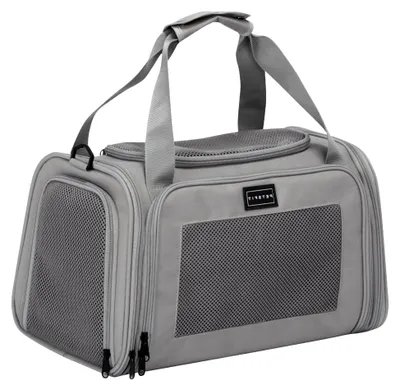 Produktbild von Transportbox für Katzen und Hunde, Flugzeuggeeignet, Tragetasche mit Schutzgurt und erweiterbarer Matte, Größe S/Grau