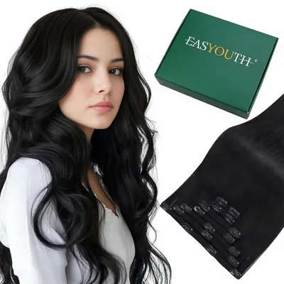 Produktbild von Clip in Extensions Echthaar Schwarz 7tlg 40cm 120g Remy Menschenhaar