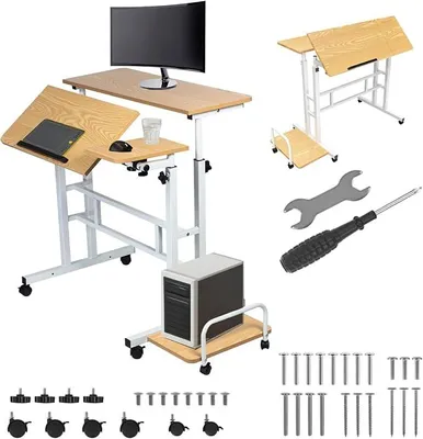 Imagen del producto de Mesa portátil ajustable para cama | Escritorio con altura ajustable de 67 a 115 cm | Amplia superficie de trabajo de 80x60 cm | Con espacio de almacenamiento lateral y 6 ruedas (blanco/madera clara)