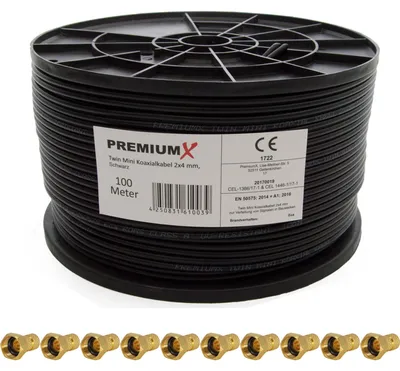 Produktbild von 100 Meter Sat Koaxial Kabel Twin Mini 2x 4 mm Schwarz + 10x F-Stecker 4mm