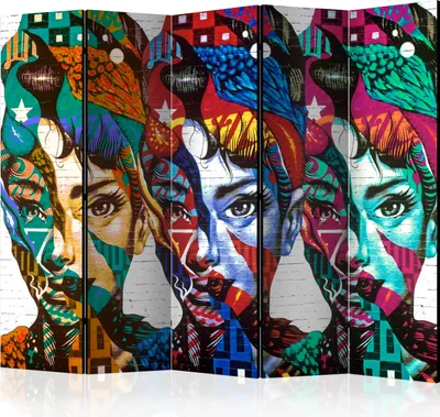 Produktbild von 5-teiliger Doppelseitiger Vlies Paravent - Colorful Faces II 225x172 cm Menschen h-A-0037-z-c