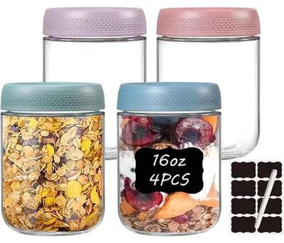 Immagine prodotto di Set di 4 vasetti per overnight oats, capacità 500 ml, con coperchio a vite, ermetici, riutilizzabili, inclusi etichette e penna