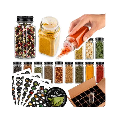 Zdjęcie produktu dla SuperButelki - Zestaw 12x szklane słoiki na przyprawy, z sitkiem, słoiczki 12 sztuki 120 ml, przyprawnik, organizer, hermetyczne zakrętki, kwadratowe