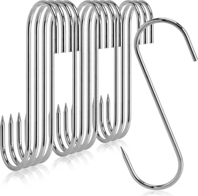 A group of silver S-shaped hooks are arranged on a white background, with one hook in the foreground and the rest in the background.