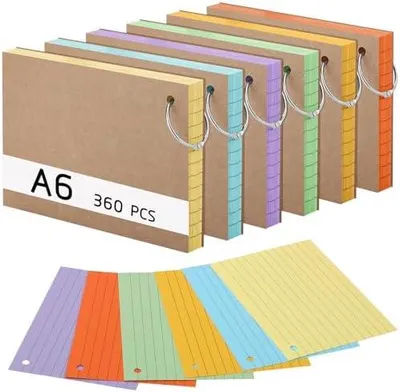 Produktbild von 360 Stücke Karteikarten, A6 150g/m?Linierte Lernkarten mit Krafteinband und Loseblattring, Lernkarten in 6 Farben für Vokabel Lernen, Schule, Büro, Zuhause(14,8 x 10,5 cm)