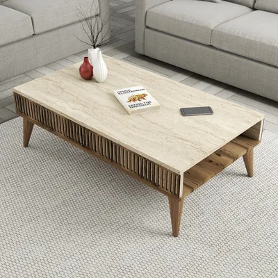 Produktbild von Skye Decor, Hochwertiger Couchtisch, Walnuss & Travertin, 105 x 35 x 60 cm | 100% melaminbeschichtete Spanplatte, 18 mm dick | Moderner, eleganter Stil für Ihr Zuhause.