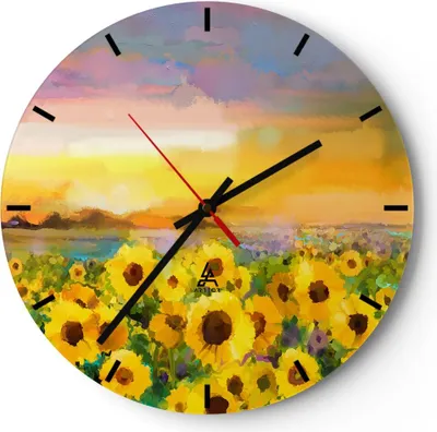 Produktbild von Wanduhr - Rund - Glasuhr - Sonnenblumen Blume - 30x30cm - Schleichendes Uhrwerk - Lautlos - zum Aufhängen bereit - Dekoration Modern - Wanddekoration aus Glas - C3AR30x30-3775