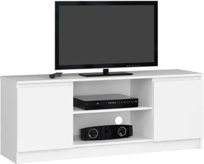 A white TV stand with a television and media devices on it, presented against a white background.