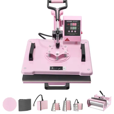 Produktbild von VEVOR Transferpresse 30x38cm 8-in-1 Textilpresse mit Tassenpresse 177–887ml, für T-Shirts Kissen Mützen Tassen Teller Doppelrohr-Heiztechnologie Einstellung von Zeit & Temperatur 360°-Schwenkarm Pink