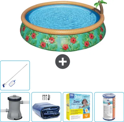 Immagine prodotto di Piscina gonfiabile rotonda Bestway ad ambientazione rapida - Paradise Print - 457 x 84 cm - inclusa pompa - tenda - pacchetto manutenzione - filtro - kit pulizia