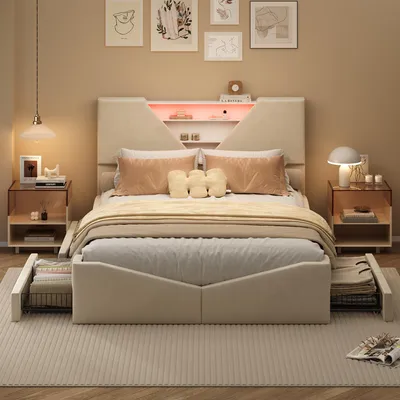 Image de Lit double UnboxG 140×200 cm, beige, tissu velours, avec 4 tiroirs, tête de lit avec espace de rangement et éclairage LED, lit avec rangement / lit de chambre
