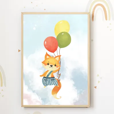 Produktbild von Fuchs Luftballon Kinderzimmer Bild DIN A4 Poster Babyzimmer Wandbild Dekoration