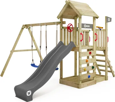 Image de Tour de jeux WICKEY MultiFlyer avec toit en bois, balançoire et toboggan, tour d'escalade avec toit naturel, bac à sable, échelle et accessoires de jeu – anthracite